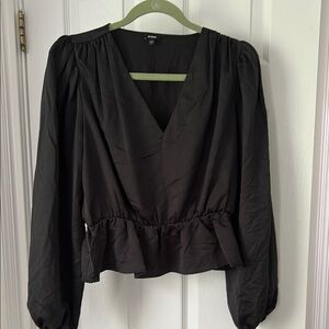 Express Black Bishop Sleeve Ruffled Peplum Blouse